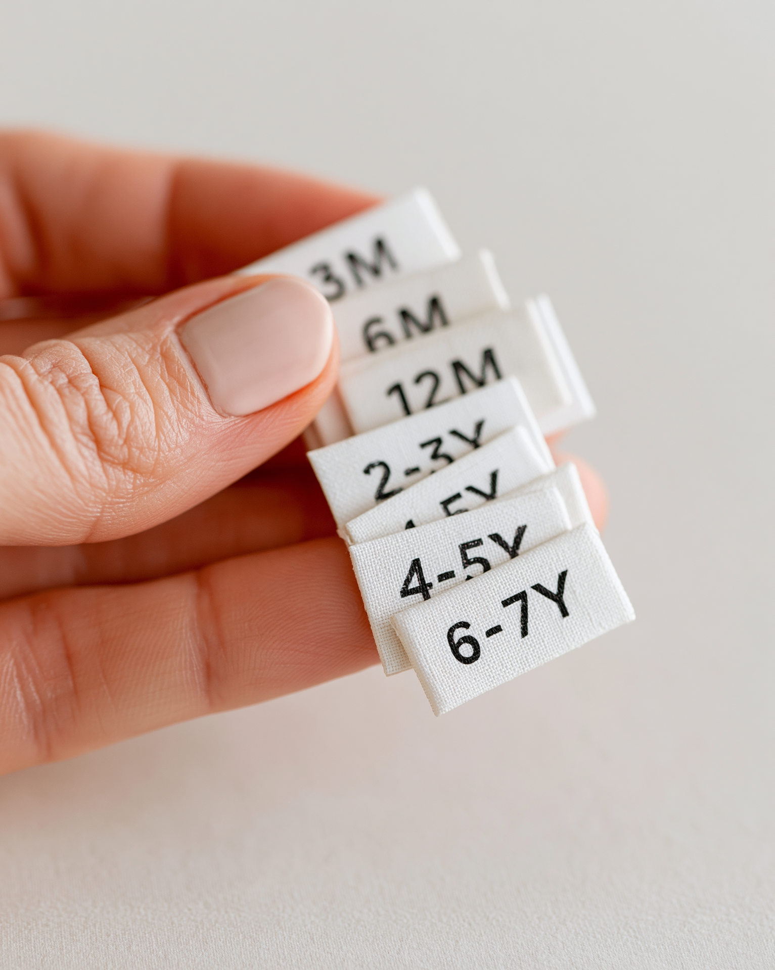 Hand holding children's clothing size labels showing ages from 3M to 6-7Y