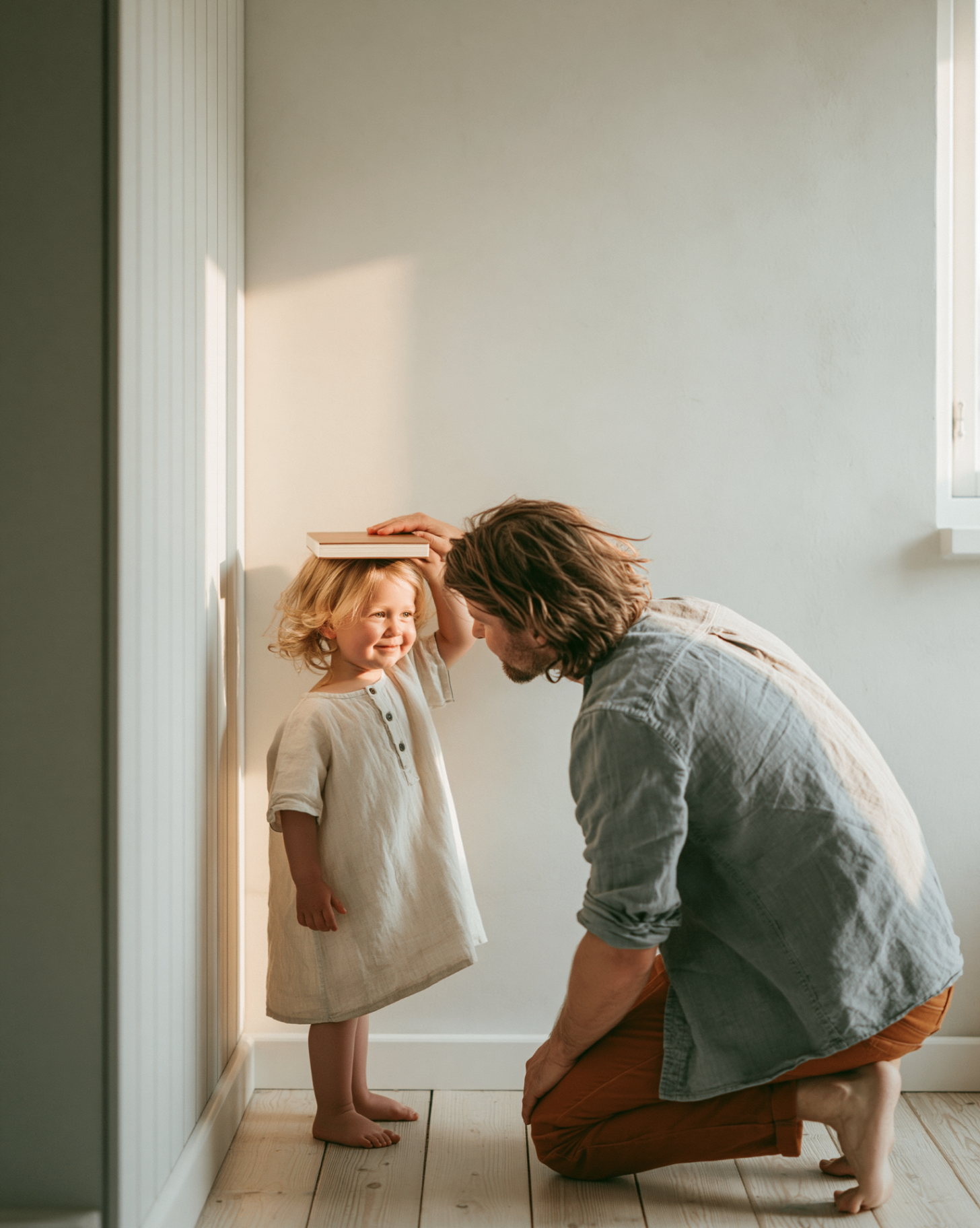 Father measuring his young child's height against a wall at home