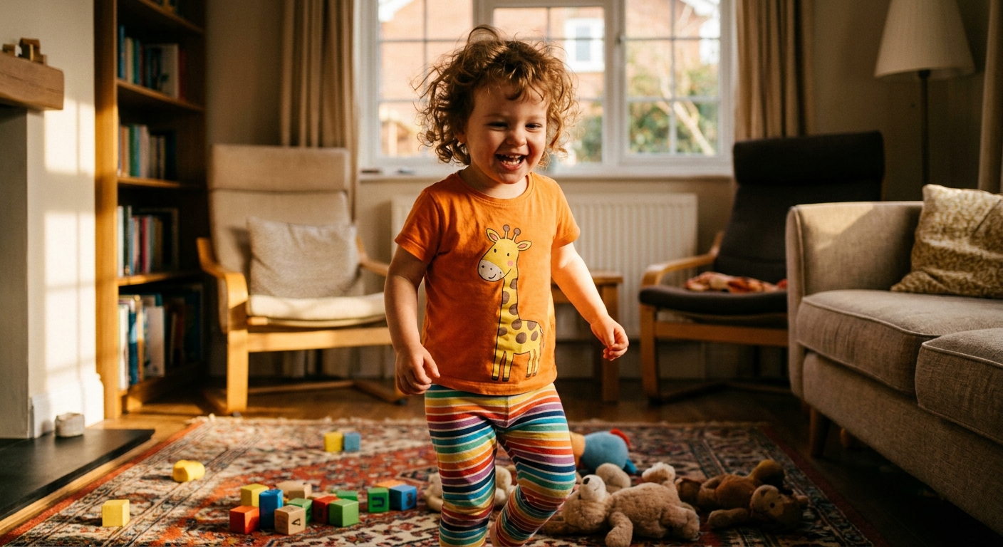 Happy toddler wearing colourful printed clothes playing at home